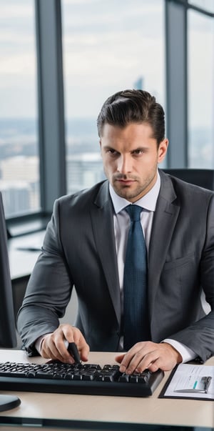 Imagine a full-length man in a large office. The man is sitting behind a desk.

The man is Austrian, 28 years old, very muscular body, black hair, ((black eyes)), very long eyelashes, sensual lips, red lips.

The man wears a dark suit. He is sitting behind a large desk, with a personal computer. The man writes on the computer keyboard, his eyes are on the keyboard. The man sees the keyboard

The man has a serious expression,

The room is a large office, there are desks and tables. A large window behind, from where you can see a large city with many buildings.

The shot is zoomed out to be able to see the man in full body and the immensity of the room.