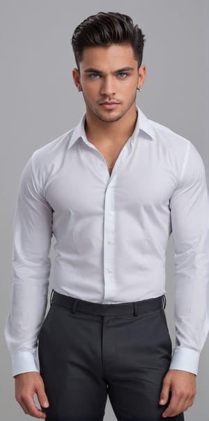 Imagine a handsome Latino man with piercing light blue eyes, spiky black hair, and a muscular physique. 25yo,

Dress it up with a smart white shirt paired with black pants and matching shoes. He wears a small earring in her ear. Big crotch, voluptuous crotch

He has a confident and dynamic pose, creating the perfect image of an elegant and attractive gentleman.

The focus should be on meticulous attention to detail, highlighting the charisma and charm of this handsome character.