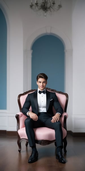 imagine the following surreal scene A completely white and empty room. A beautiful man sitting in the center. The man is Italian, 25yo, muscular, very large and bright light blue eyes, long eyelashes, full and pink lips. Dark brown hair, short hair, gelled hair. The man is sitting in an antique black chair. With legs crossed. The man wears a black tuxedo, black dress shoes. Very serious and masculine. There is a contrast between the white of the room and the black of the suit. The image is beautiful and represents the masculinity and seriousness of the man. Many details. Beautiful image.,Handsome boy