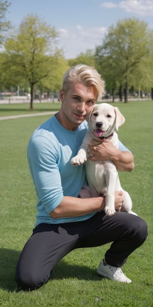 Imagine a beautiful Danish man playing with a Dalmatian puppy.

The man is beautiful and masculine, Swedish with piercing light blue eyes, spiky blonde hair, athletic, 25 years old, young, long eyelashes, full pink lips, manly.

The man is sitting on the grass in a park playing with a Dalmatian puppy, who runs towards the man in a playful manner.

The man wears sports clothes, sports shoes.

He is happy, playing with his little dog.

The setting is a park with very short, green grass. It is daytime, the light is natural and creates shadows on the characters.

The shot is far away, full body, in the center the man and the puppy. And you can see the details of the scene.