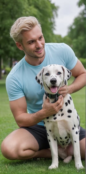 Imagine a beautiful Danish man playing with a Dalmatian puppy.

The man is beautiful and masculine, Swedish with piercing light blue eyes, spiky blonde hair, athletic, 25 years old, young, long eyelashes, full pink lips, manly.

The man is sitting on the grass in a park playing with a Dalmatian puppy, who runs towards the man in a playful manner.

The man wears sports clothes, sports shoes.

He is happy, playing with his little dog.

The setting is a park with very short, green grass. It is daytime, the light is natural and creates shadows on the characters.

The shot is far away, full body, in the center the man and the puppy. And you can see the details of the scene.