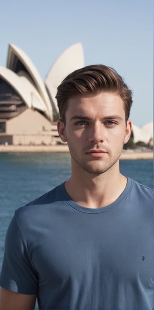 Hyperrealistic photograph of a beautiful Australian man, 25 years old, average body, short hair, Serious. hair with a line in the middle, straight hair. Very light and big blue eyes

The man is walking through Sydney. wears casual clothes. Behind you can see the Sydney Opera House. Majestic and beautiful.

The shot is far away. showing from a distance the man and the beauty of the city of Sydney