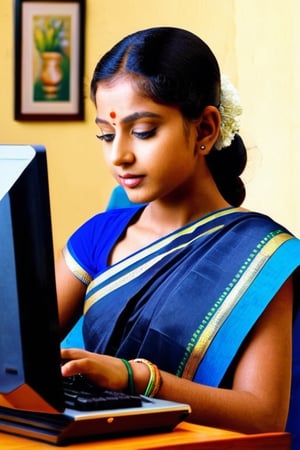 An Indian girl wearing a saree, typing on a secure, encrypted computer