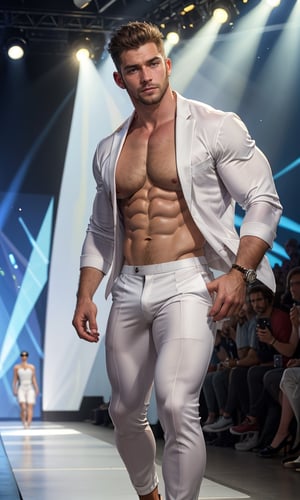 masterpiece, best quality, 8k, 1man, (front Photo), shiny skin, facial hair, walking on fashion show runway stage, wearing white sheer suit, highly detailed face and skin, realistic, mature, stubble, muscular, huge pecs, handsome, male focus, light particles, rim light, Use light to shine through clothes to reveal muscle contours, full body, skin color shows through the fabric of clothes,