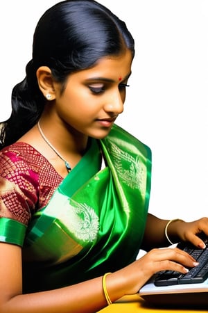 An Indian girl wearing a saree, typing on a secure, encrypted computer