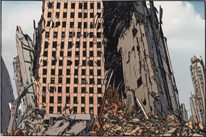 Comic panel illustration of a destroyed skyscraper building, akira style 