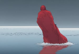 a frame of a animated film of a man walking through the water with a ragged red scarf , style akirafilm