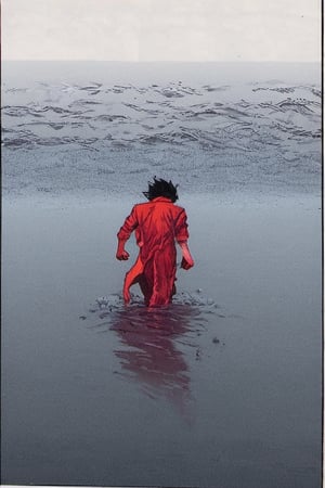 Comic panel illustration of a man walking through the water with a ragged red scarf,  akira style,Comic panel illustration