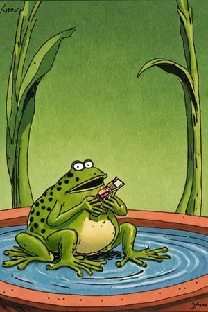 a color far side comic strip illustration of  a frog, by Gary Larson, 