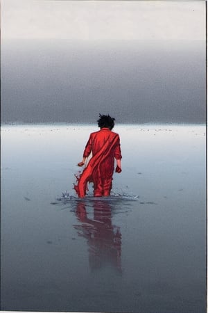 Comic panel illustration. Man walking through the water with a ragged red scarf, back view, akira style,Comic panel illustration