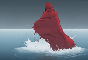 a frame of a animated film of a man walking through the water with a ragged red scarf, angry expression, style akirafilm