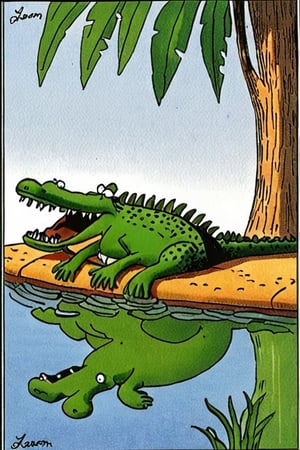 a color far side comic strip illustration of  a alligator, by Gary Larson, 