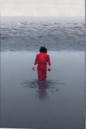 Comic panel illustration. Close up of Man walking through the water.  Greay shirt with a ragged red scarf, back view, akira style,Comic panel illustration
