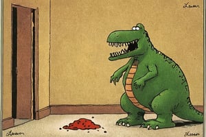 a color far side comic strip illustration of  a dinosaur, by Gary Larson,