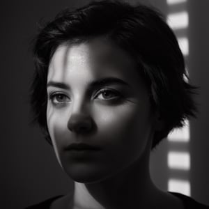 cinematic film still of  A cucoloris patterned illumination casting a horizontal rectangle strip shadow on a woman with a horizontal shadow on her face,1girl,solo,looking at viewer,short hair,simple background,monochrome,upper body,greyscale,grey background,mole,hair over one eye,messy hair,portrait,cinematic,film,filmic,casting shadow,venetian blinds casting shadow light,shadow on face,face partially covered in shadow,different shadow,window casting shadow light,cinematography,detailed,detailed background,detailed face,high quality,8k,cuculoris,kookaloris,cookaloris or cucalorus,light modifier,different light pattern,creative light,unique shadow , casting shadow style, shallow depth of field, vignette, highly detailed, high budget, bokeh, cinemascope, moody, epic, gorgeous, film grain, grainy