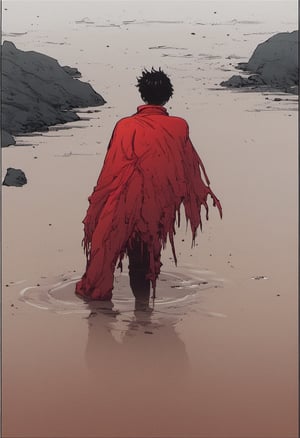 Comic panel illustration. Man walking through shallow water.  ragged red scarf, back view, akira style,