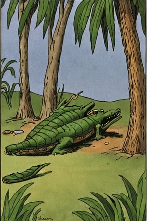 a color far side comic strip illustration of  a alligator, by Gary Larson, 