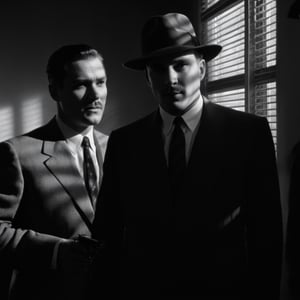 Film noir style,  A cucoloris patterned illumination casting a window diagonal shadow on two men in suits and hats are talking,short hair,shirt,hat,holding,jacket,monochrome,upper body,weapon,greyscale,male focus,multiple boys,necktie,collared shirt,2boys,holding weapon,looking at another,gun,facial hair,formal,suit,holding gun,handgun,manly,revolver,cinematic,film,filmic,casting shadow,venetian blinds casting shadow light,shadow on face,face partially covered in shadow,different shadow,window casting shadow light,cinematography,detailed,detailed background,detailed face,high quality,8k,cuculoris,kookaloris,cookaloris or cucalorus,light modifier,different light pattern,creative light,unique shadow , casting shadow style, a scene from a 1940's film, Monochrome, high contrast, dramatic shadows, 1940s style, mysterious, cinematic