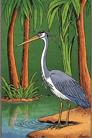 a color far side comic strip illustration of  a Heron by Gary Larson