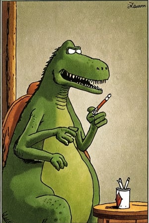 a color far side comic strip illustration of  a solo dinosaur having a cigarette, by Gary Larson