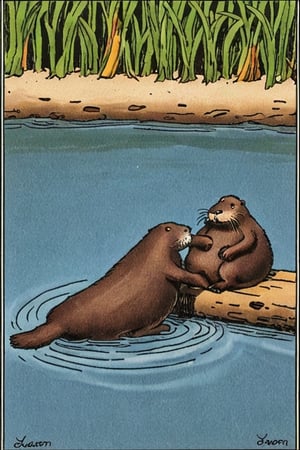 a color far side comic strip illustration of  a Otter by Gary Larson, 