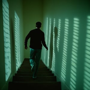 cinematic film still of  A cucoloris patterned illumination casting a vertical window shadow on a person running down a set of stairs,solo,shirt,1boy,standing,male focus,pants,indoors,window,sunlight,scenery,stairs,cinematic,film,filmic,casting shadow,venetian blinds casting shadow light,shadow on face,face partially covered in shadow,different shadow,window casting shadow light,cinematography,detailed,detailed background,detailed face,high quality,8k,cuculoris,kookaloris,cookaloris or cucalorus,light modifier,different light pattern,creative light,unique shadow , casting shadow style, shallow depth of field, vignette, highly detailed, high budget, bokeh, cinemascope, moody, epic, gorgeous, film grain, grainy