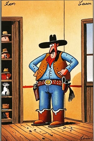 a color far side comic strip illustration of  a cowboy, by Gary Larson, 