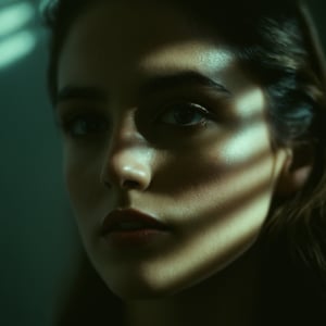 cinematic film still of  A cucoloris patterned illumination casting a horizontal rectangle strip shadow on a woman with a horizontal shadow on her face, , casting shadow style, shallow depth of field, vignette, highly detailed, high budget, bokeh, cinemascope, moody, epic, gorgeous, film grain, grainy