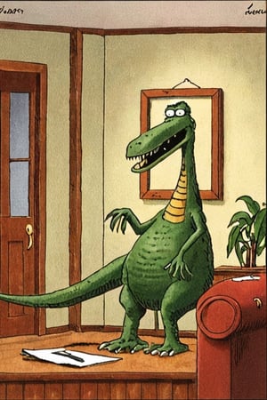 a color far side comic strip illustration of  a Velociraptor by Gary Larson, 