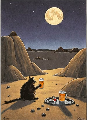 a color far side comic strip illustration of a cat enjoying a beer on the lunar surface. surrounded by rocky terrain, desolate and otherworldly landscape. art by Gary Larson 