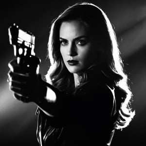 UHD, 4k, ultra detailed, cinematic, a photograph of   casting shadow styleA cucoloris patterned illumination casting a tree branch shadow In Sin City universe a serious angry woman holding a gun in her hand sin city style,1girl,solo,long hair,looking at viewer,holding,monochrome,weapon,greyscale,holding weapon,lips,gun,portrait,holding gun,handgun,realistic,Frank Miller's Sin City,dark theme,cinematic film,comic book series,graphic novel,Neo-noir,high contrasts,sin city style,closeup , film noir, low key light, dim light, low light, dramatic light, film grain, epic, beautiful lighting, inpsiring