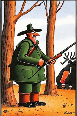 a color far side comic strip illustration of  a hunter, by Gary Larson, 
