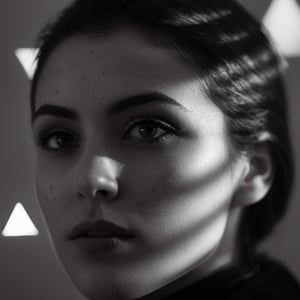 cinematic film still of  A cucoloris patterned illumination casting a a unique custom small triangle shape shadow on a modeling woman with a black and white image of her face, casting shadow style, shallow depth of field, vignette, highly detailed, high budget, bokeh, cinemascope, moody, epic, gorgeous, film grain, grainy