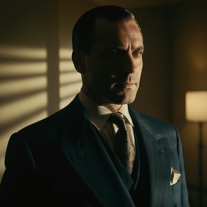 cinematic film still of  A cucoloris patterned illumination casting a diagonal shadow on a 1940'sman in a suit and tie standing in a room , casting shadow style, shallow depth of field, vignette, highly detailed, high budget, bokeh, cinemascope, moody, epic, gorgeous, film grain, grainy