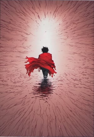 Comic panel illustration. Man walking through shallow water.  ragged red scarf, back view, akira style,