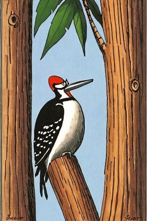 a color far side comic strip illustration of  a Woodpecker by Gary Larson, 