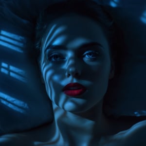 breathtaking,  From above, A cucoloris patterned illumination casting a window shadow on a red lips woman laying in bed with her head on her hands,1girl,solo,blue eyes,lying,parted lips,on back,blurry,realistic,cinematic,film,filmic,casting shadow,venetian blinds casting shadow light,shadow on face,face partially covered in shadow,different shadow,window casting shadow light,cinematography,detailed,detailed background,detailed face,high quality,8k,cuculoris,kookaloris,cookaloris or cucalorus,light modifier,different light pattern,creative light,unique shadow , casting shadow style, award-winning, professional, highly detailed