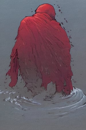 Comic panel illustration. Close up of Man walking through shallow water.  Greay shirt with a ragged red scarf, back view, akira style,Comic panel illustration