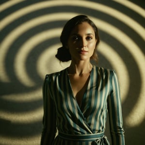 cinematic film still of  A cucoloris patterned illumination casting a circular shaped shadow on a woman in a striped outfit is posing, casting shadow style, shallow depth of field, vignette, highly detailed, high budget, bokeh, cinemascope, moody, epic, gorgeous, film grain, grainy