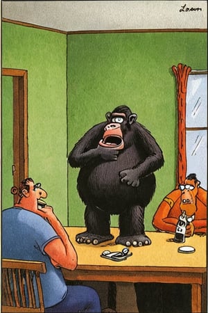 a color far side comic strip illustration of  a Ape by Gary Larson