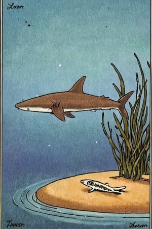 a color far side comic strip illustration of  a Pygmy Shark by Gary Larson