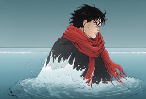 a frame of a animated film of a angry man walking through the water with a ragged red scarf, messy black hair, style akirafilm