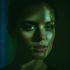 cinematic film still of  A cucoloris patterned illumination casting a horizontal rectangle strip shadow on a woman with a horizontal shadow on her face, , casting shadow style, shallow depth of field, vignette, highly detailed, high budget, bokeh, cinemascope, moody, epic, gorgeous, film grain, grainy