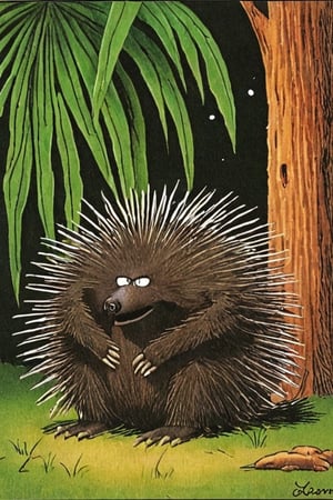 a color far side comic strip illustration of  a porcupine,  by Gary Larson