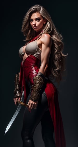 Female barbarian, wearing town clothes and revealing armor, holding a sword, 