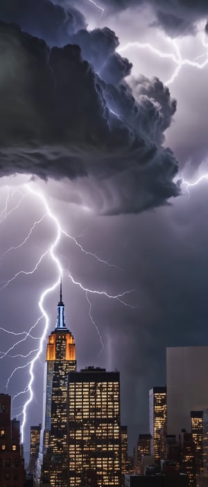 (Dark clouds over New York city),  (heavy lightning storm), (bolt hits behind the skyline), (flash of light on buildings), (realistic clouds), (realistic city), 16k photo, high definition, photorealistic, vibrant colors, sharp details, 
