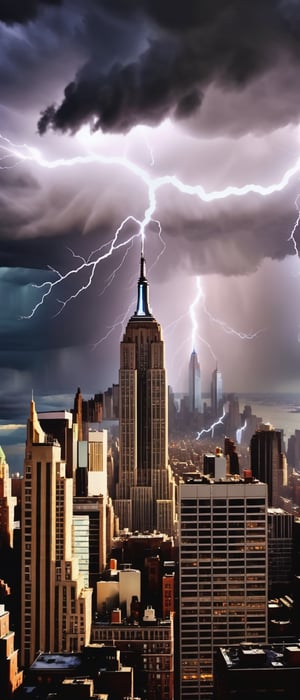(Dark clouds over New York city),  (heavy lightning storm), (bolt hits top of the empire State building), (flash of light on buildings), (realistic clouds), (realistic city), 16k photo, high definition, photorealistic, vibrant colors, sharp details, 