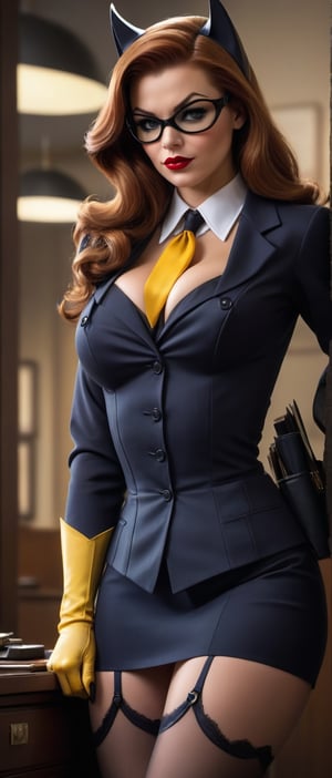 A Photograph with realistic style portrays a large breasted sexy Batgirl, (((DC comics))), ((((dressed like a 1950's secretary)))), sexy smolder, in ultra-realistic detail. The composition imitates a cinematic movie, The intricate details, sharp focus, ((((Sexy pose)))),  thigh gap,Realistic,SDXL,ModelBase,Style,MelissaB,photo r3al, 16k,Enhanced, ultra high resolution,breasts,perfectbreasts,p3rfect boobs,cleavage,sexy,Sexy Girl