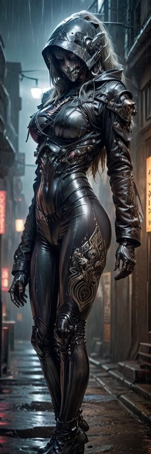 full body portrait of one woman, muscular build, robotic limbs,  walking in heavy rain, (((sexy pose))),  lightning flash, Stormy night, under street lights, silver leather pants, silver leather corset, long jacket with hood, thigh high boots, perfect round black iris, surreal biomechanical, dreamlike atmosphere, ferrofluid, ultra detail, perfect composition, alcohol ink, rich colors, beautiful colors, symmetrical, beautiful lighting, reflections, filigree, masterpiece, amazing, beautiful, gothic, nightmarish, grotesque, fantasy gothic, fragmented partscubes, embroidery designe, calligraphy inks, surrealist atmosphere, digital structures creates, tribal culture, complex and inspirational designs, high detail, detailed cosmic background,
