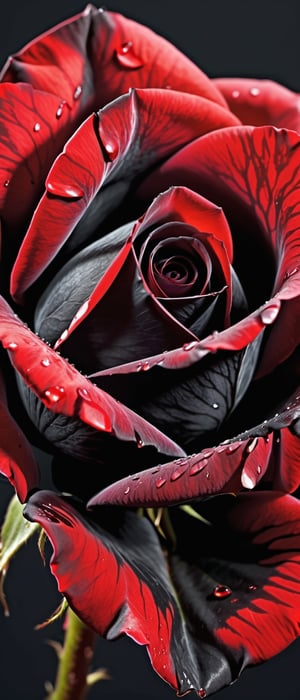 (Close up of a black rose), (bright red blood on petals),  (bright black petals), (color contrast background) 16k photo, high definition, photorealistic, vibrant colors, sharp details, 